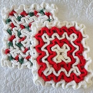 Crochet Hot Pot Holders Cottage Granny Kitchen Decor Handmade Christmas 8x8"